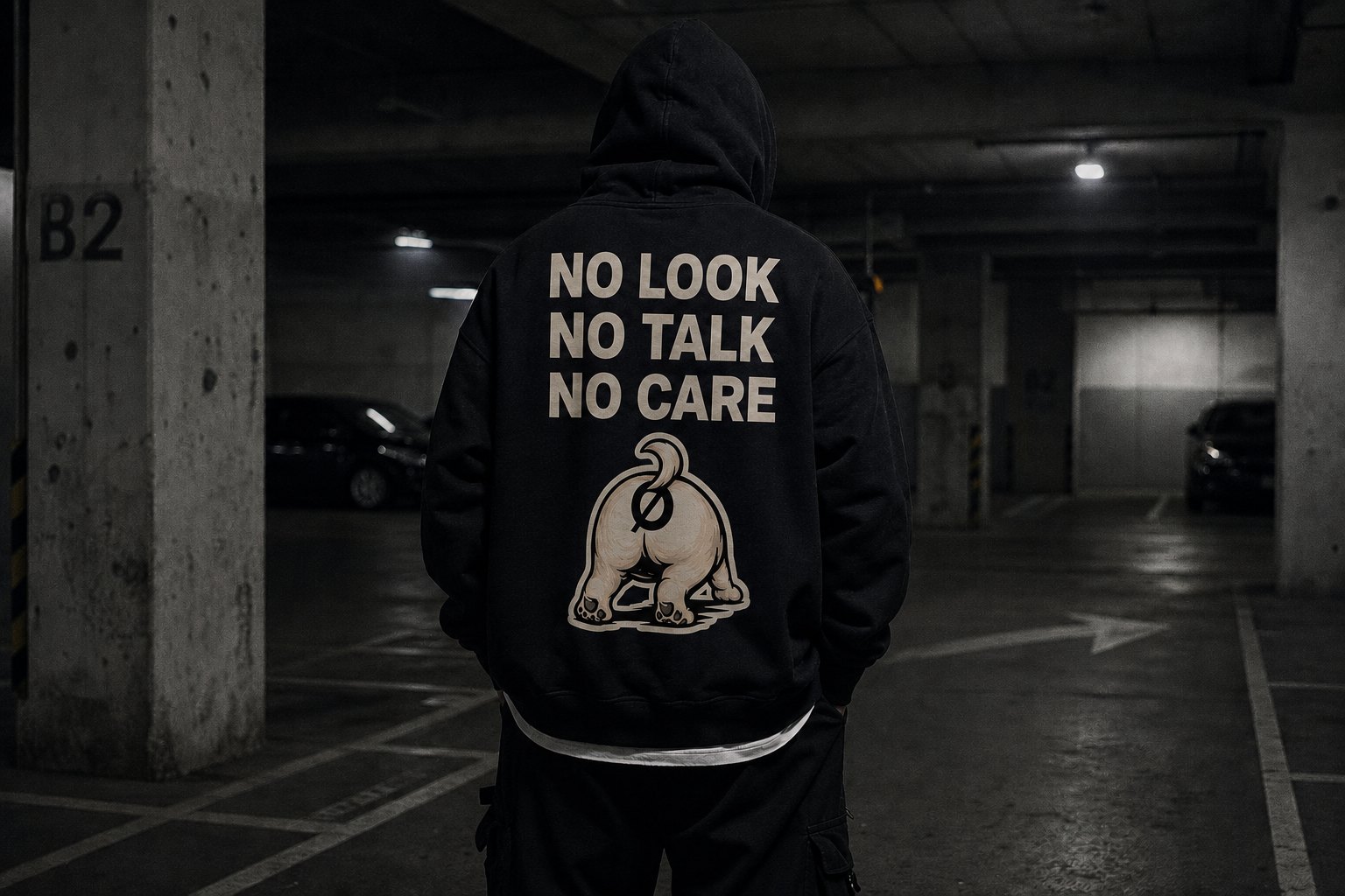 Model wearing a black NØBRK hoodie in a concrete parking garage